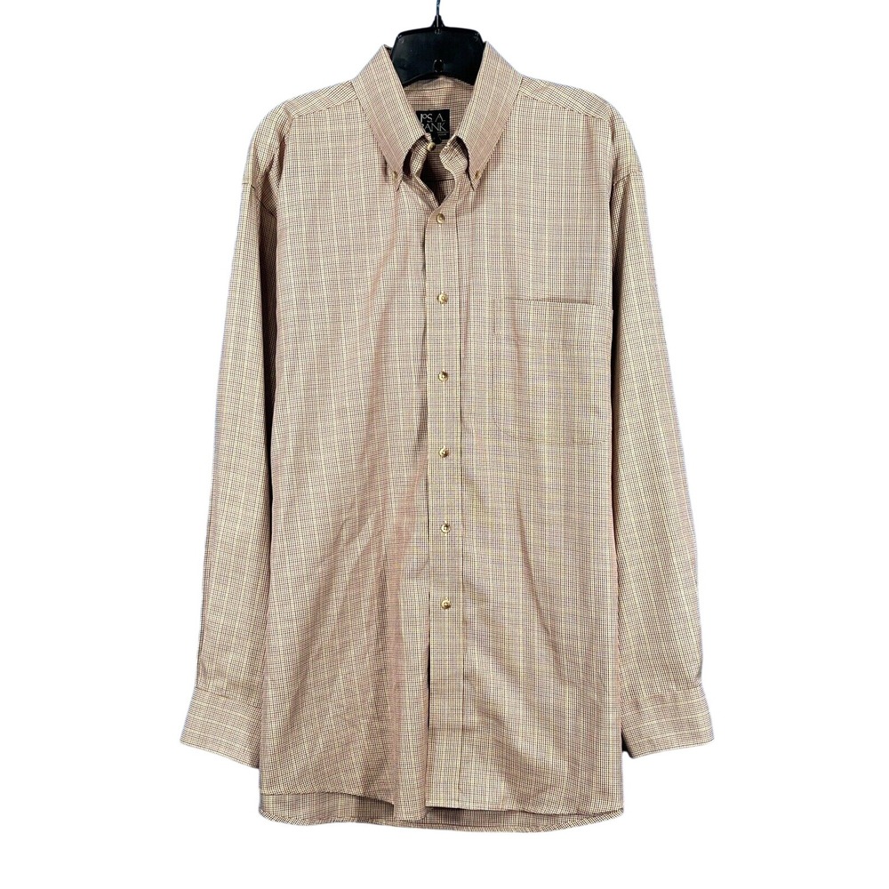 JOS A BANK Traveler's Collection BROWN/MULTI Check Plaid TWILL Button-Up SHIRT L